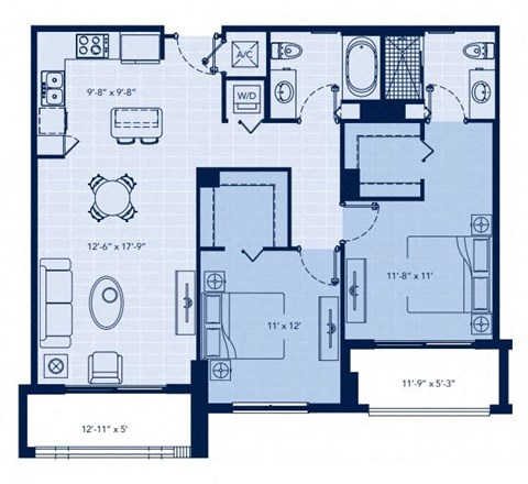 Floor plan for 2 beds, 2 baths, 1022 sqft